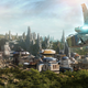 Concept art of a ship landing at the Black Spire Outpost of Batuu.
